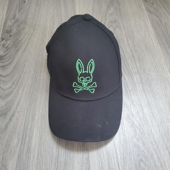 Psycho Bunny Hat Cap Strap Back One Size Black Green Embroidered Skull Mens - Picture 1 of 8